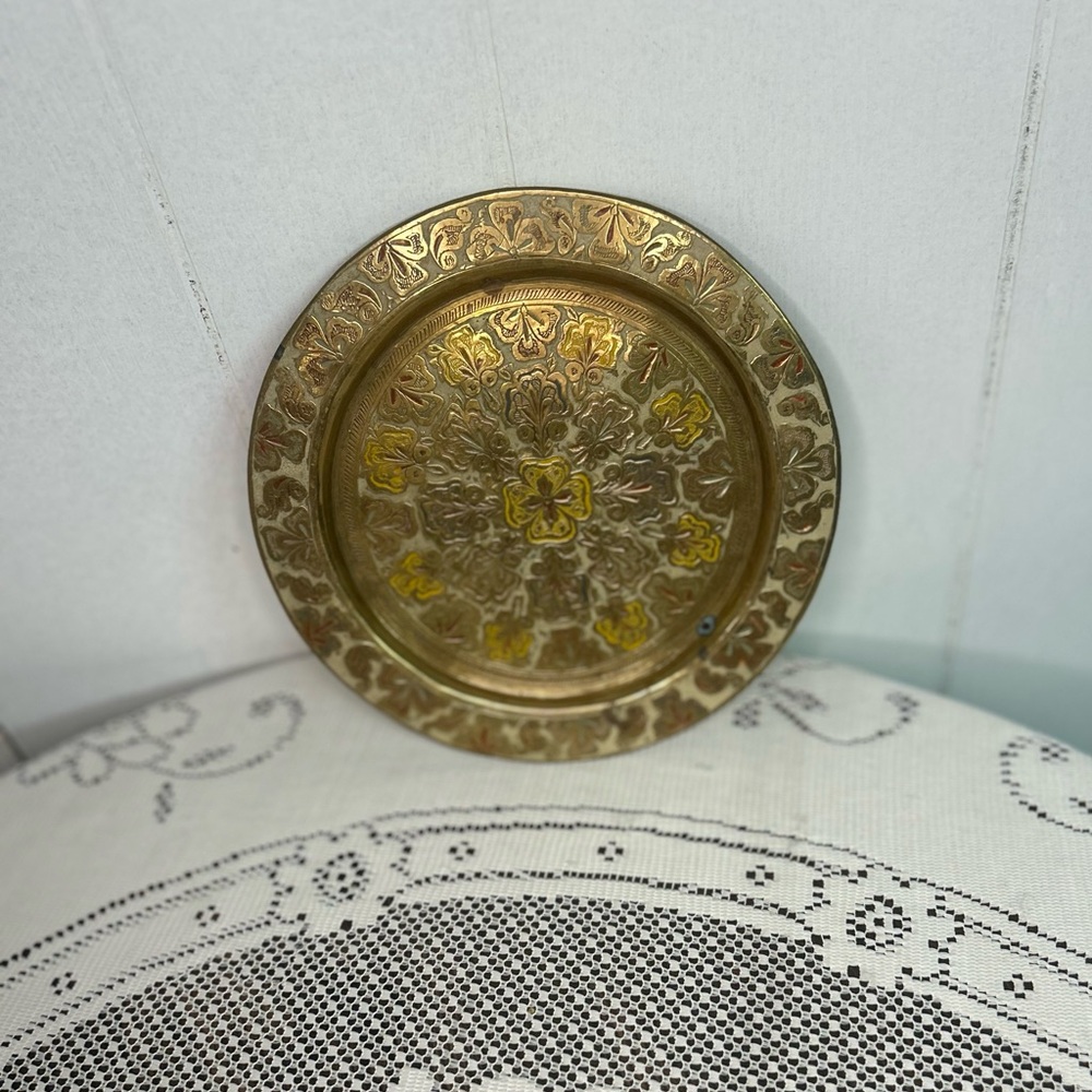 Vintage Decorative Brass Plate with Blue Yellow and Red Embossed Florals